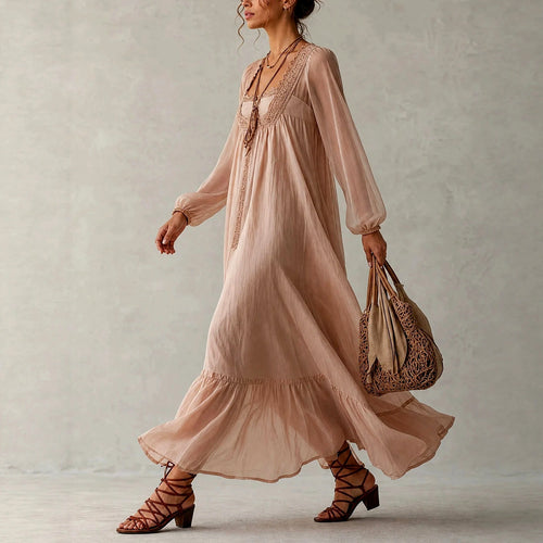 Antoinette - Women's Lace Trim Square Neck Boho Maxi Dress 2