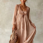 Antoinette - Women's Lace Trim Square Neck Boho Maxi Dress 3