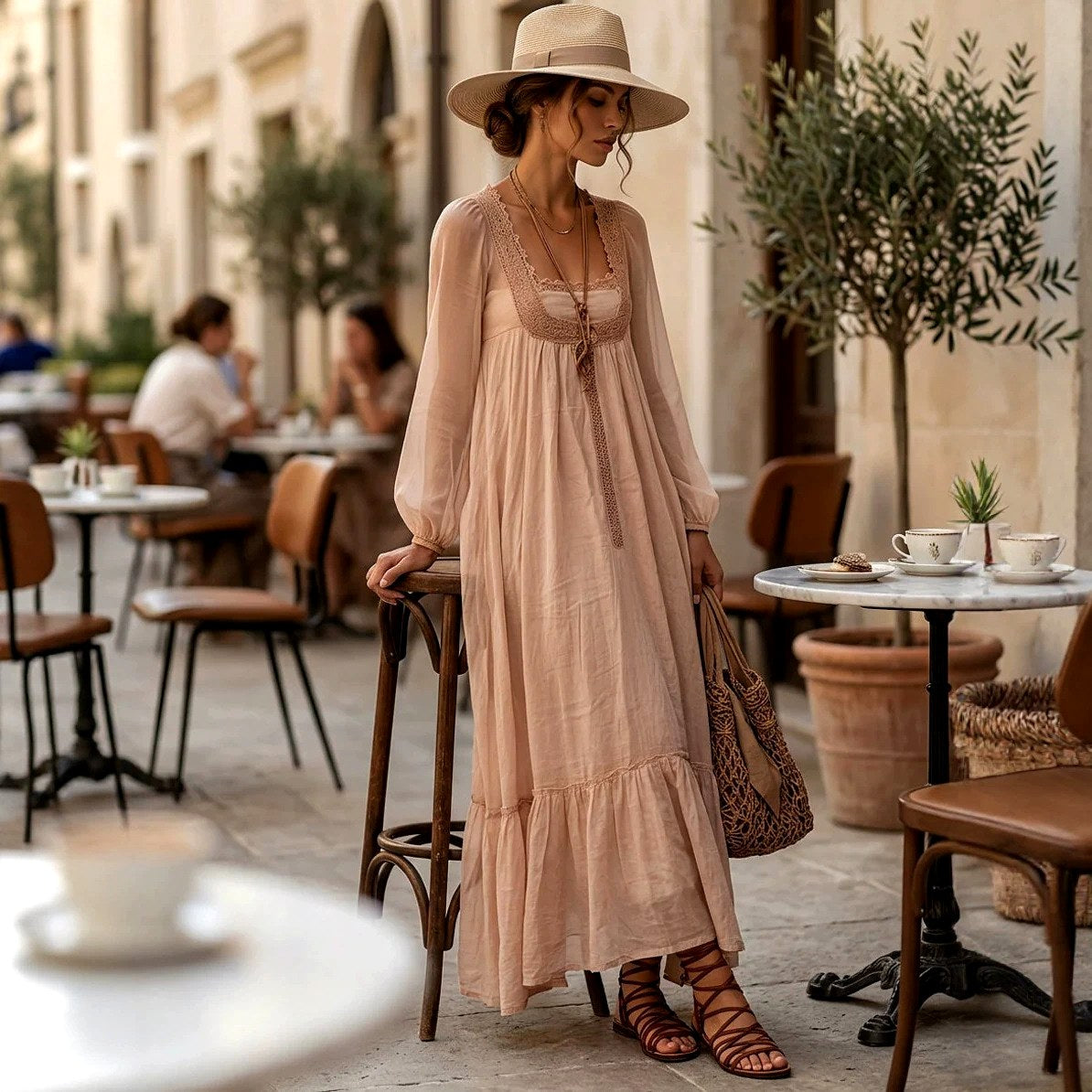 Antoinette - Women's Lace Trim Square Neck Boho Maxi Dress 4