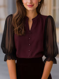 Antonia - Women's Button-Front Blouse with Sheer Sleeves 1