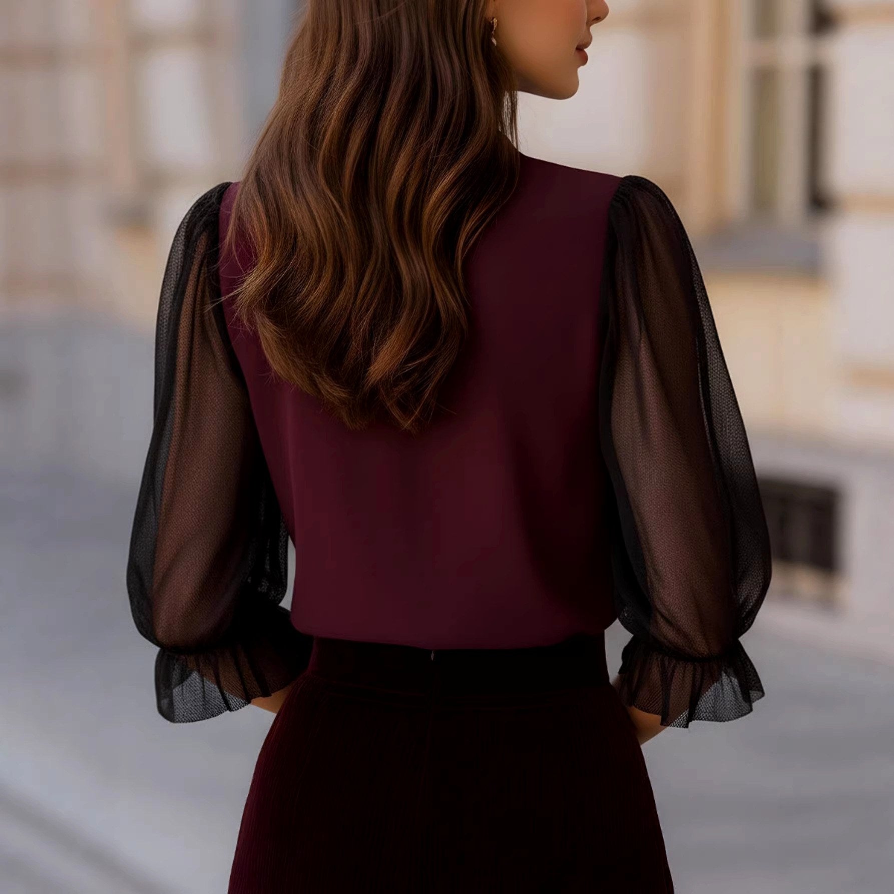 Antonia - Women's Button-Front Blouse with Sheer Sleeves 2