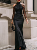 Arabella - Women's High-Neck Satin Gown with Sheer Mesh Sleeves