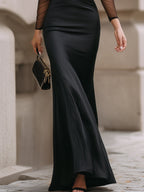 Arabella - Women's High-Neck Satin Gown with Sheer Mesh Sleeves