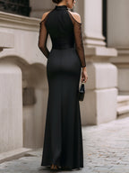 Arabella - Women's High-Neck Satin Gown with Sheer Mesh Sleeves