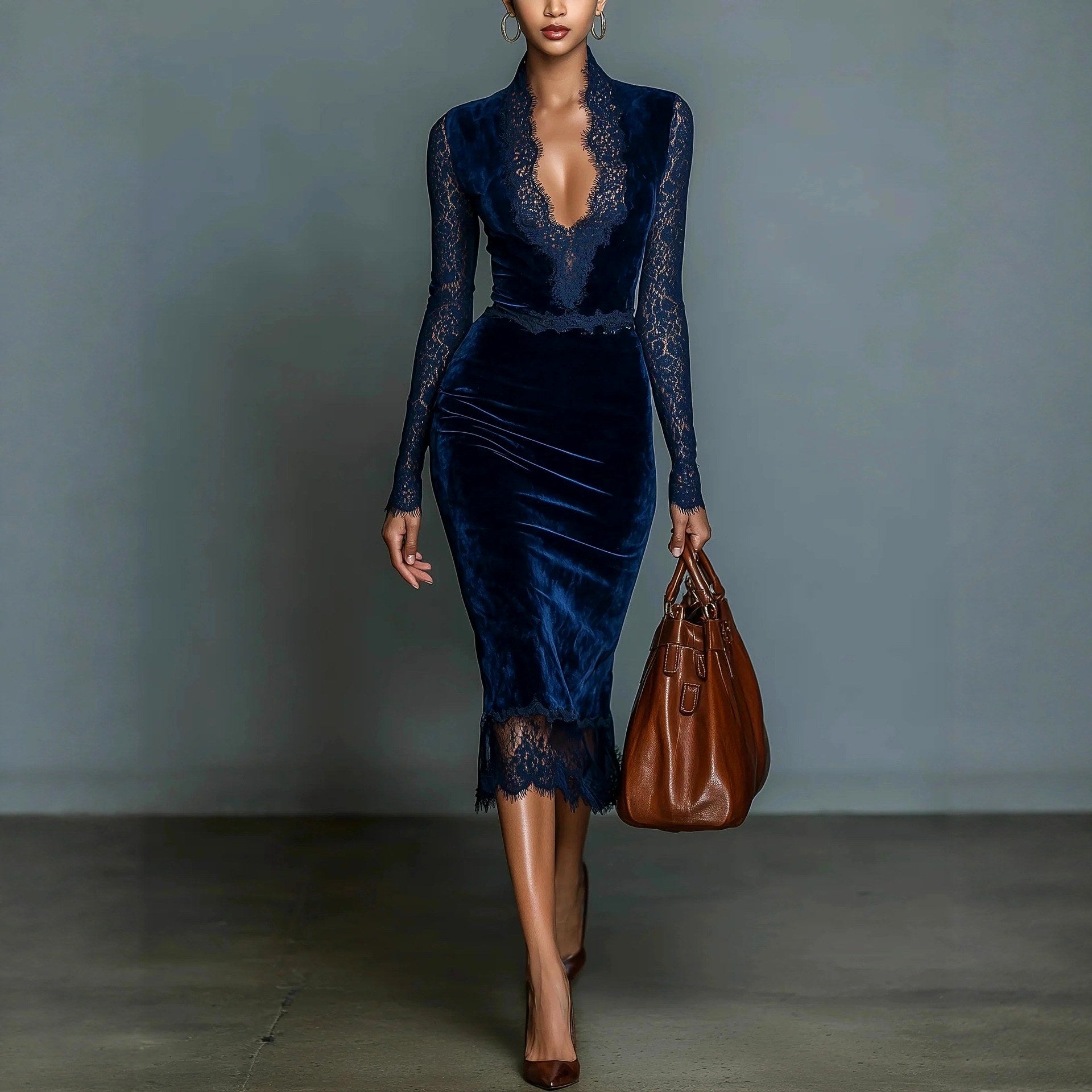 Arabella - Women's Velvet Long Sleeve Bodycon Midi Dress 1