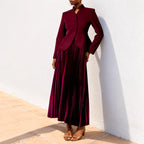 Ariana - Women's Stand Collar Button Front Pleated Skirt Set 2