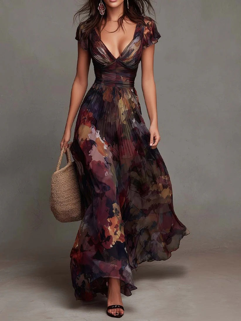 Ariel - Women's Floral Pleated V-Neck Maxi Dress