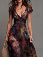 Ariel - Women's Floral Pleated V-Neck Maxi Dress