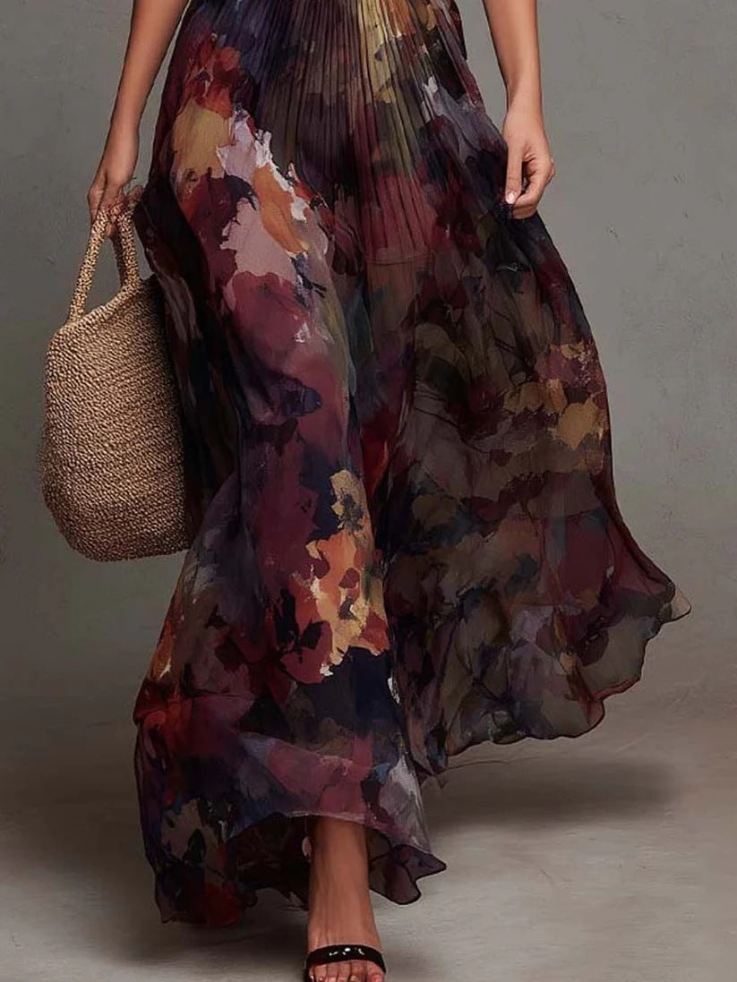 Ariel - Women's Floral Pleated V-Neck Maxi Dress