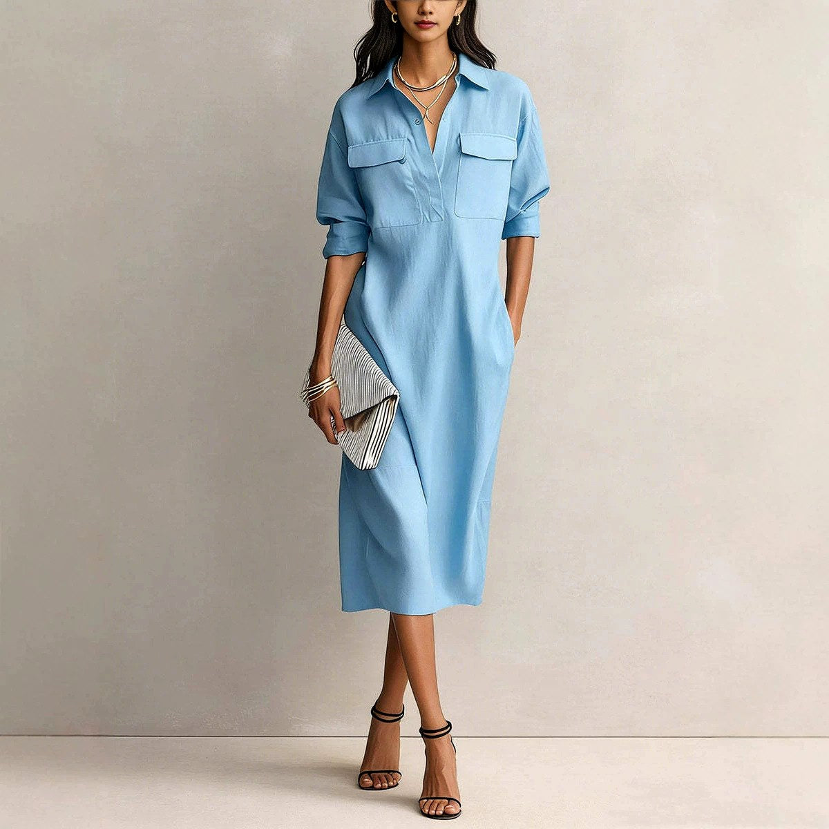 Athena - Women's Cotton Linen Collared Midi Dress 2