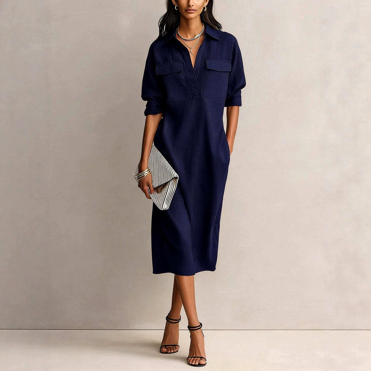 Athena - Women's Cotton Linen Collared Midi Dress 3