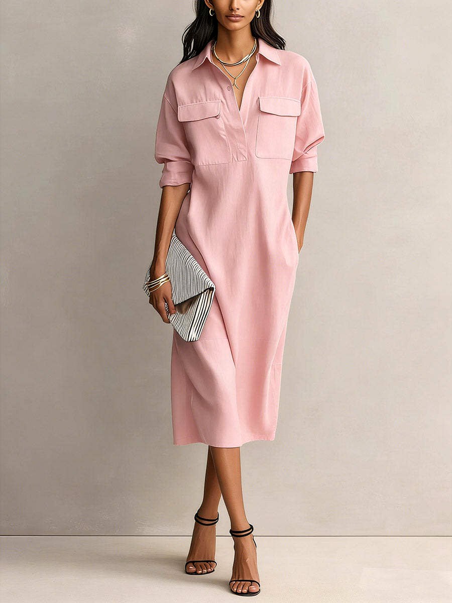 Athena - Women's Cotton Linen Collared Midi Dress 4
