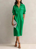 Athena - Women's Cotton Linen Collared Midi Dress 5