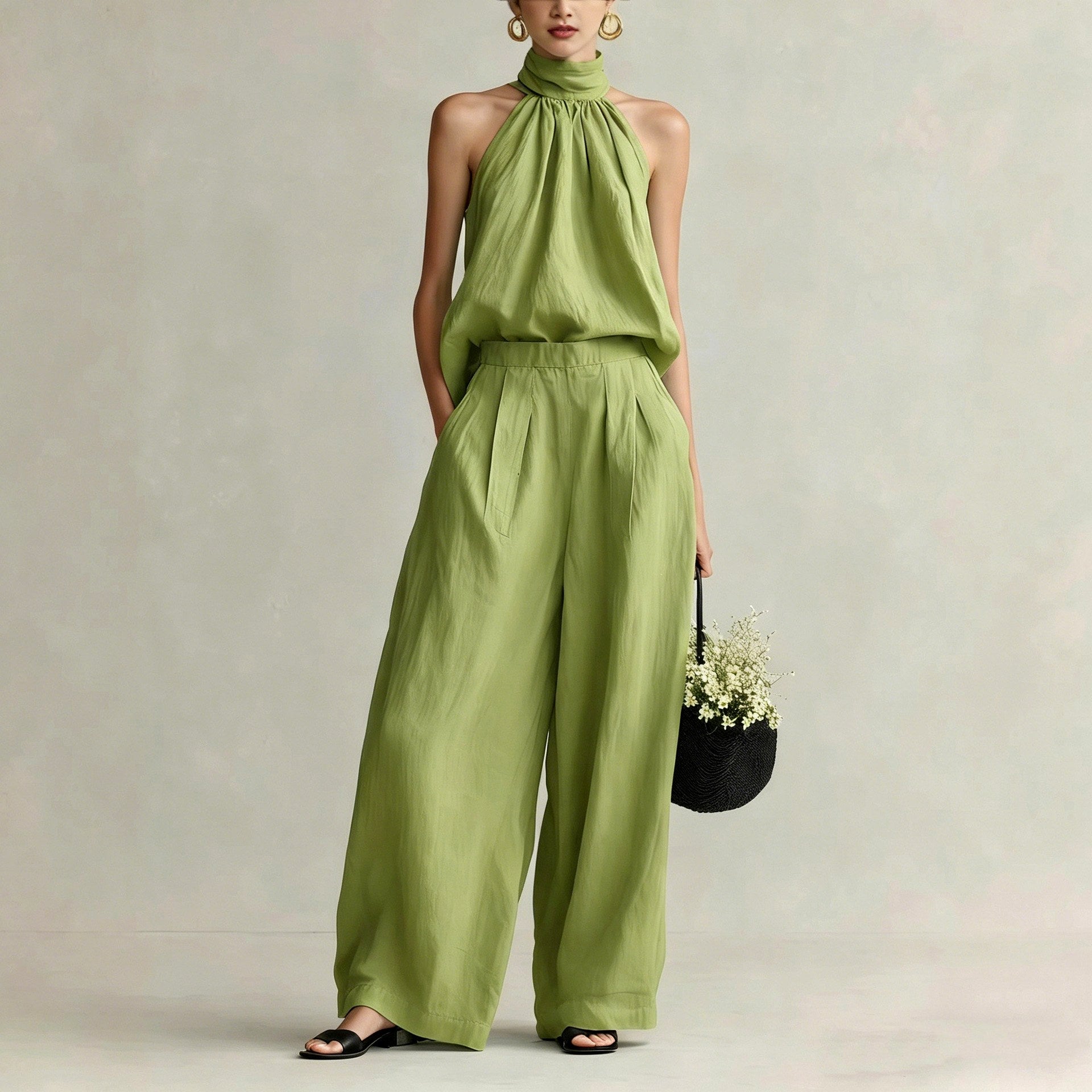 Athena - Women's Halter Neck Wide Leg Matching Set 2