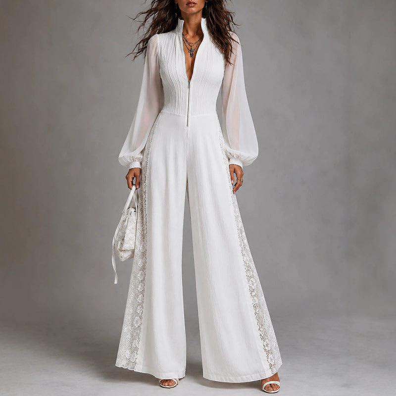 Aubrielle - Women's Sheer Sleeve Wide-Leg Jumpsuit 1