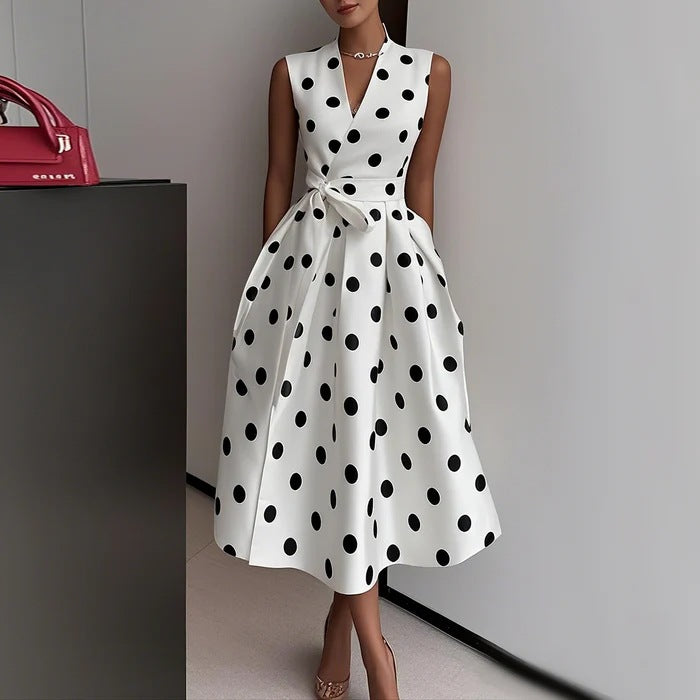 Audrina - Women's Polka Dot Wrap Midi Dress with Waist Tie 1