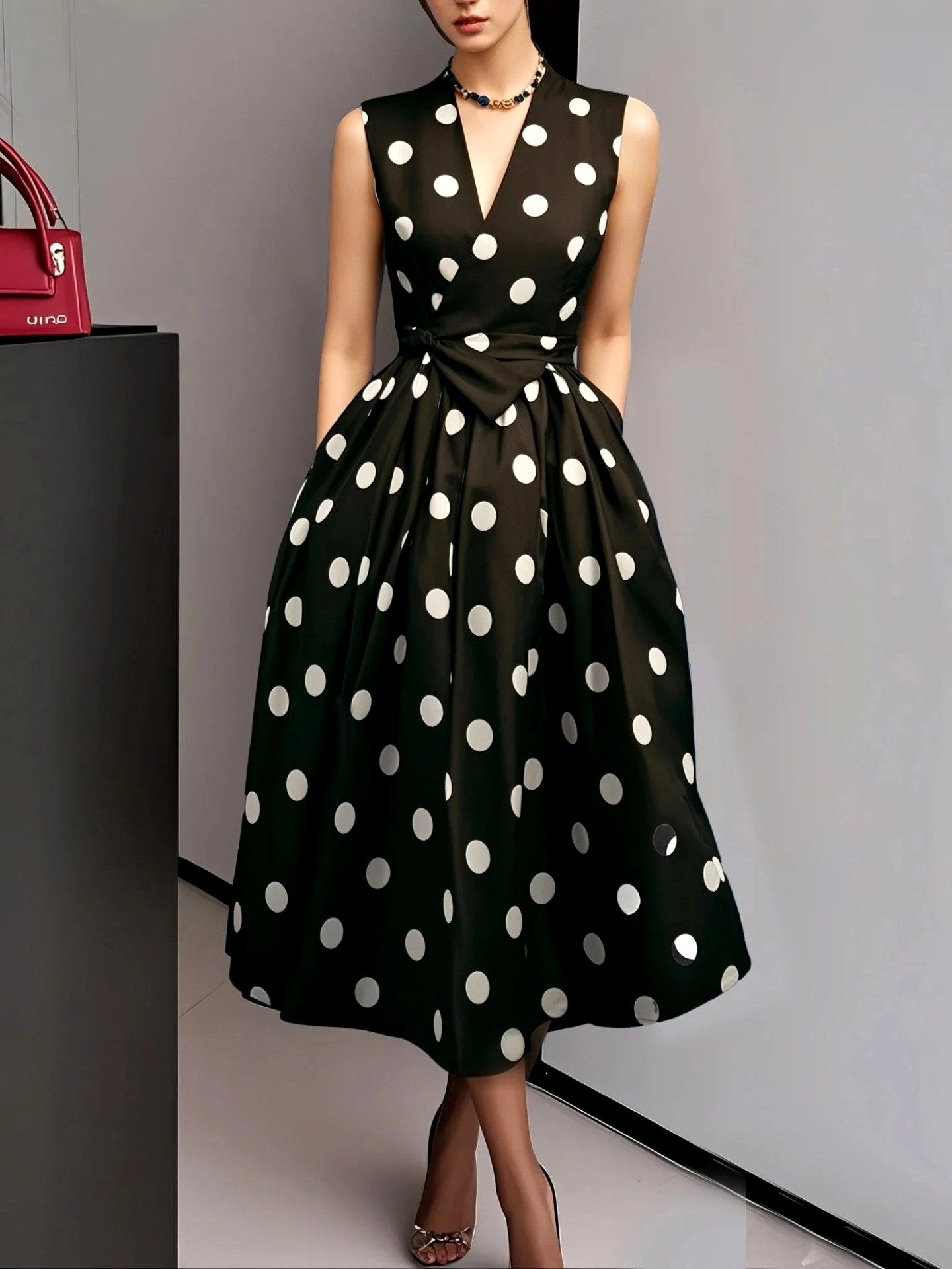 Audrina - Women's Polka Dot Wrap Midi Dress with Waist Tie 2