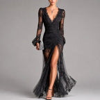 Augusta - Women's Lace V-Neck Ruched High-Slit Maxi Dress 1