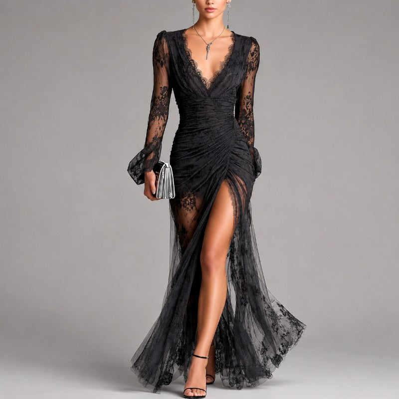 Augusta - Women's Lace V-Neck Ruched High-Slit Maxi Dress 1