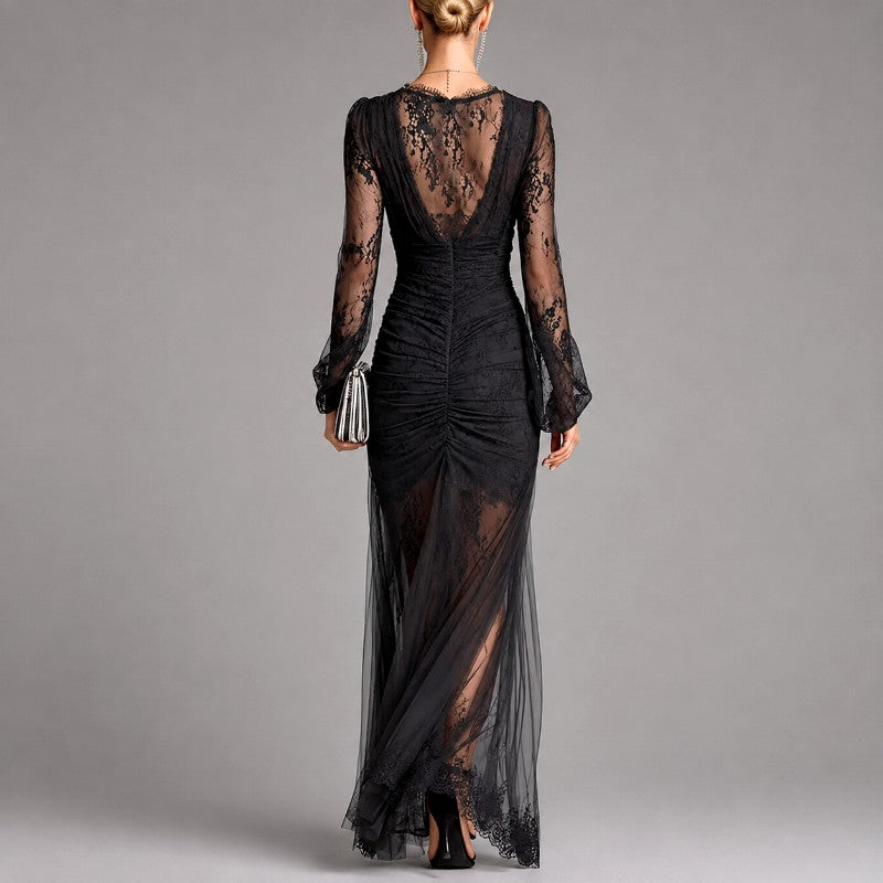 Augusta - Women's Lace V-Neck Ruched High-Slit Maxi Dress 2