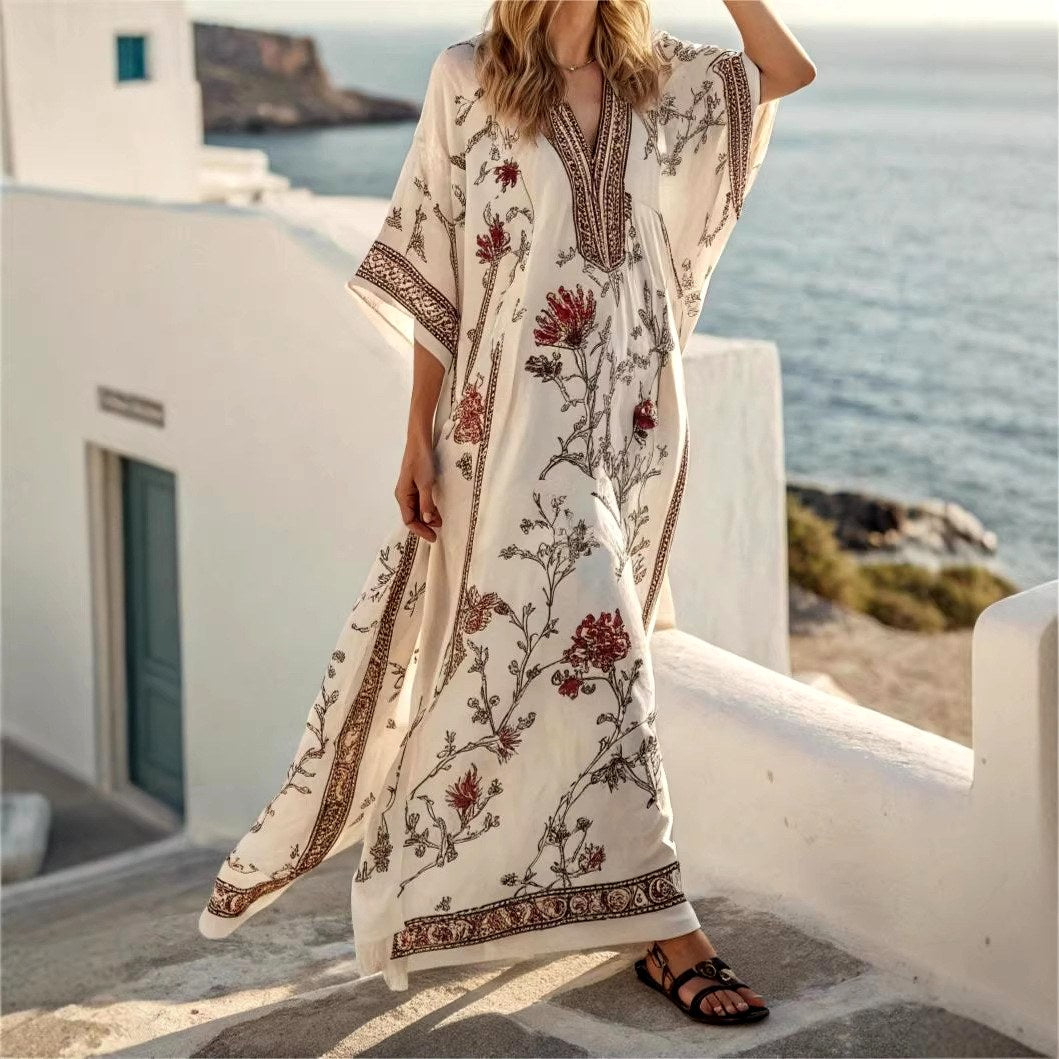 Aya - Women's Floral V-Neck Batwing Boho Maxi Dress 1