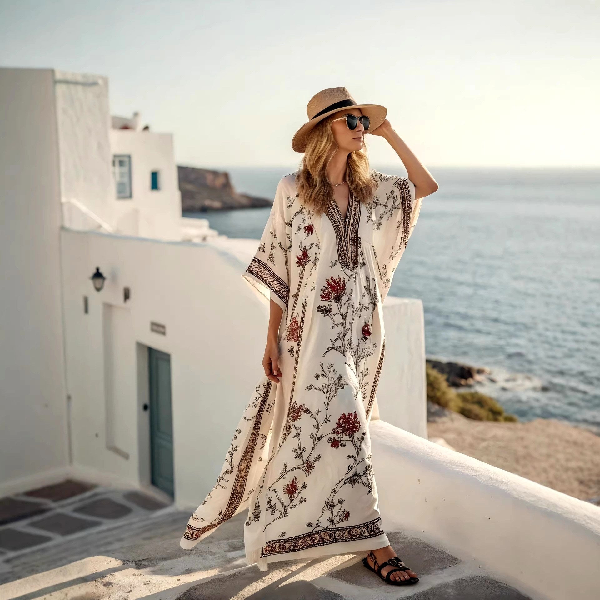 Aya - Women's Floral V-Neck Batwing Boho Maxi Dress 2