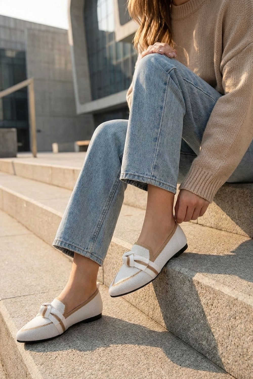Beatrice - Women's Pointed-Toe Knit Loafers with Bow Detail