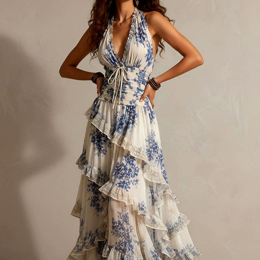 Bettina - Women's Floral Deep V-Neck Tiered Maxi Dress 3