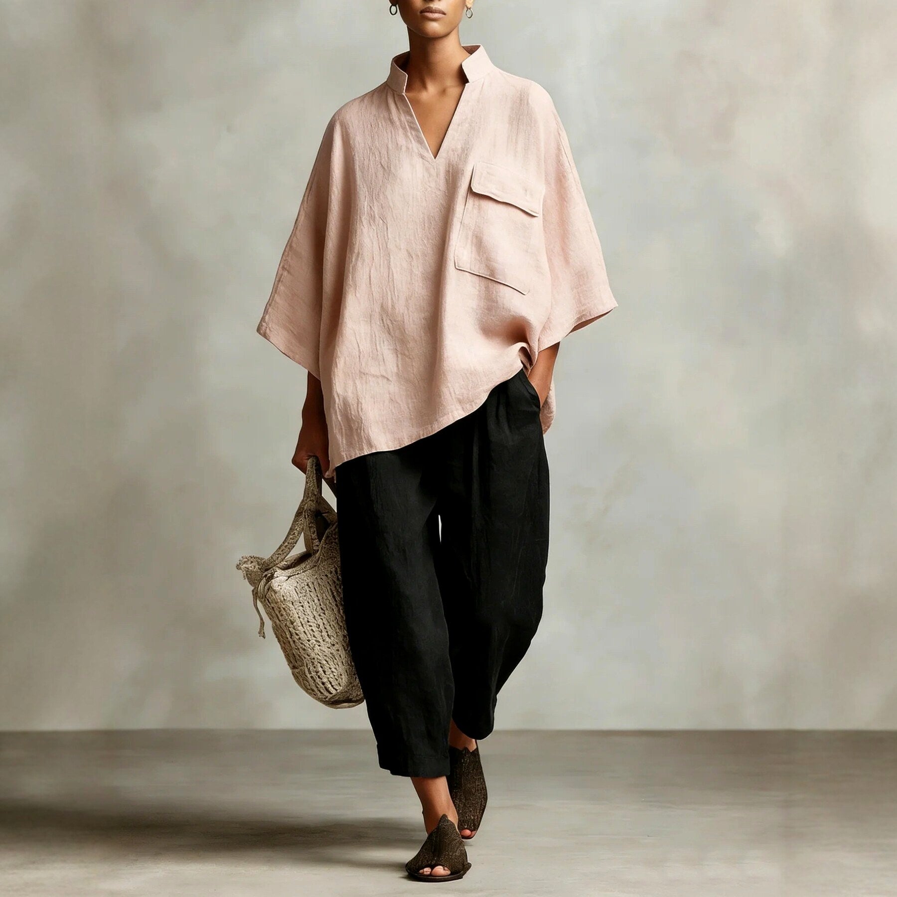 Bettina - Women's Linen Mandarin Collar Oversized Shirt 2