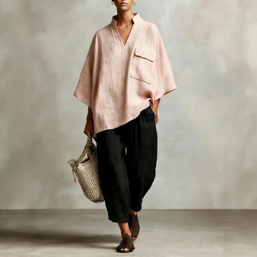 Bettina - Women's Linen Mandarin Collar Oversized Shirt 2