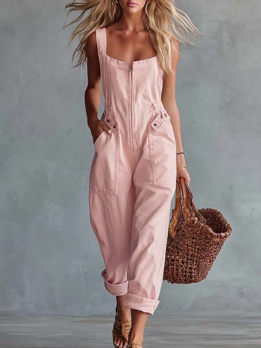 Blaire - Women's Square-Neck Front-Zip Denim Jumpsuit