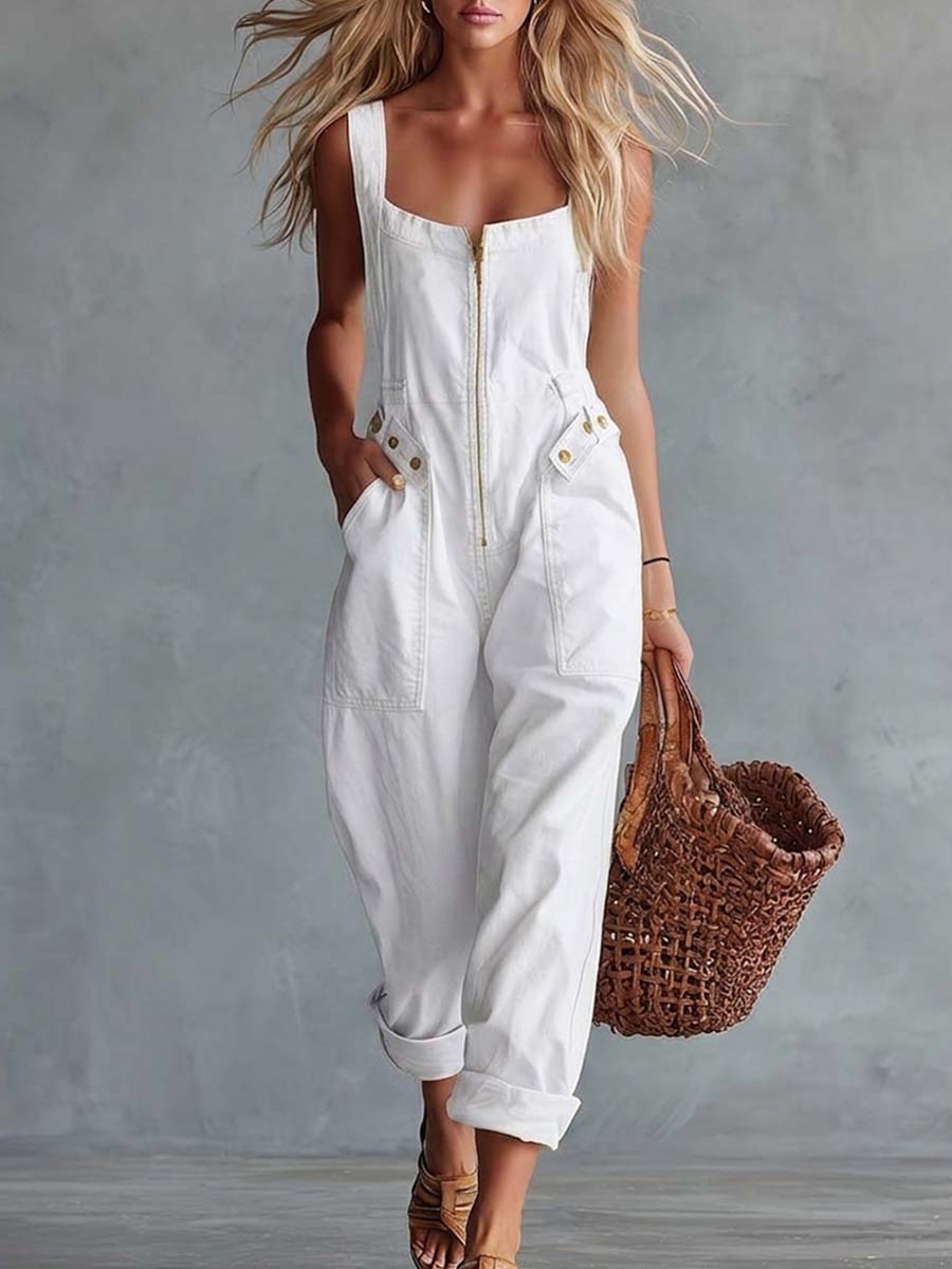 Blaire - Women's Square-Neck Front-Zip Denim Jumpsuit