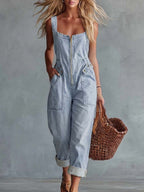 Blaire - Women's Square-Neck Front-Zip Denim Jumpsuit