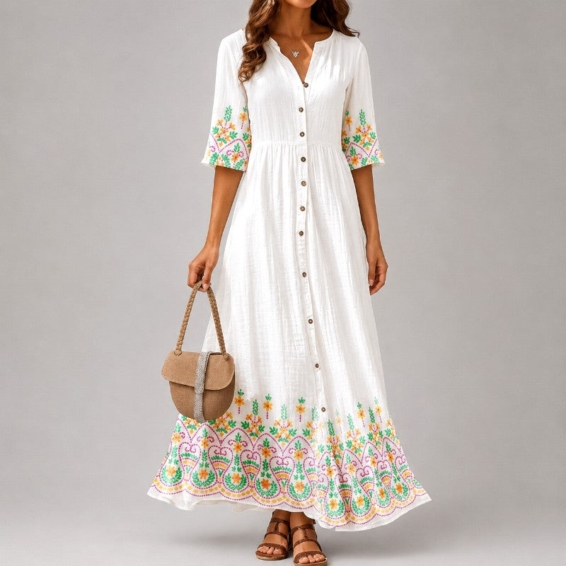 Bridget - Women's Floral Embroidered Button-Down Maxi Dress 1