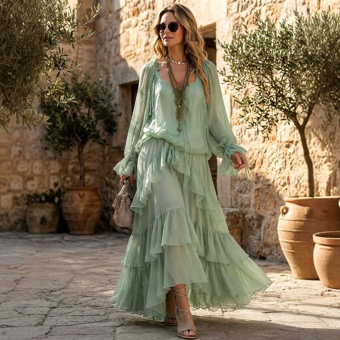 Bronte - Women's V-Neck Tiered Boho Maxi Dress 4