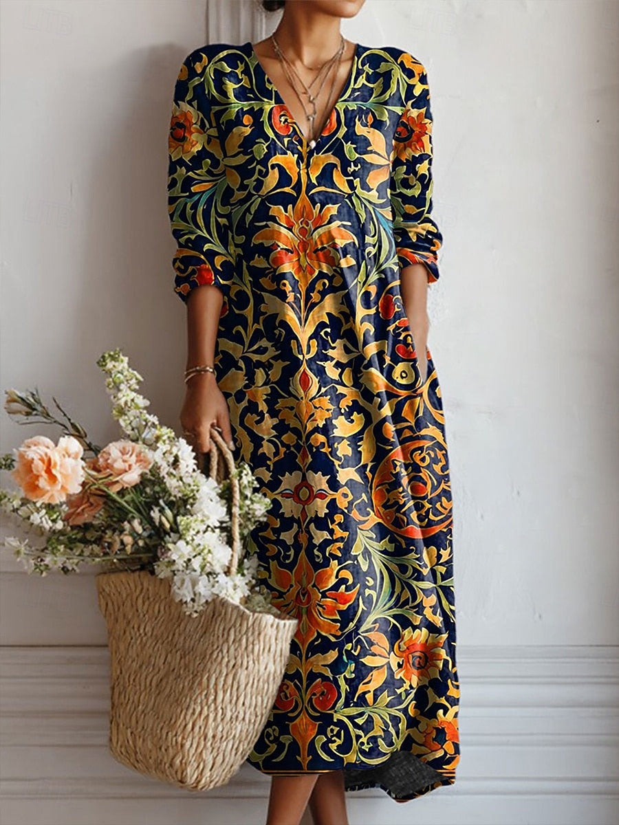 Camila - Women's V-Neck Baroque Scroll Midi Dress
