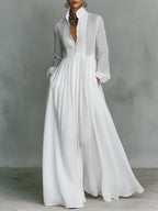 Camilla - Women's Button-Front Linen Dress with Stand Collar