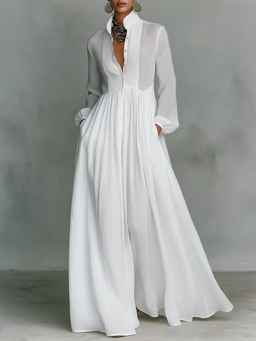 Camilla - Women's Button-Front Linen Dress with Stand Collar