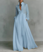 Camilla - Women's Button-Front Linen Dress with Stand Collar