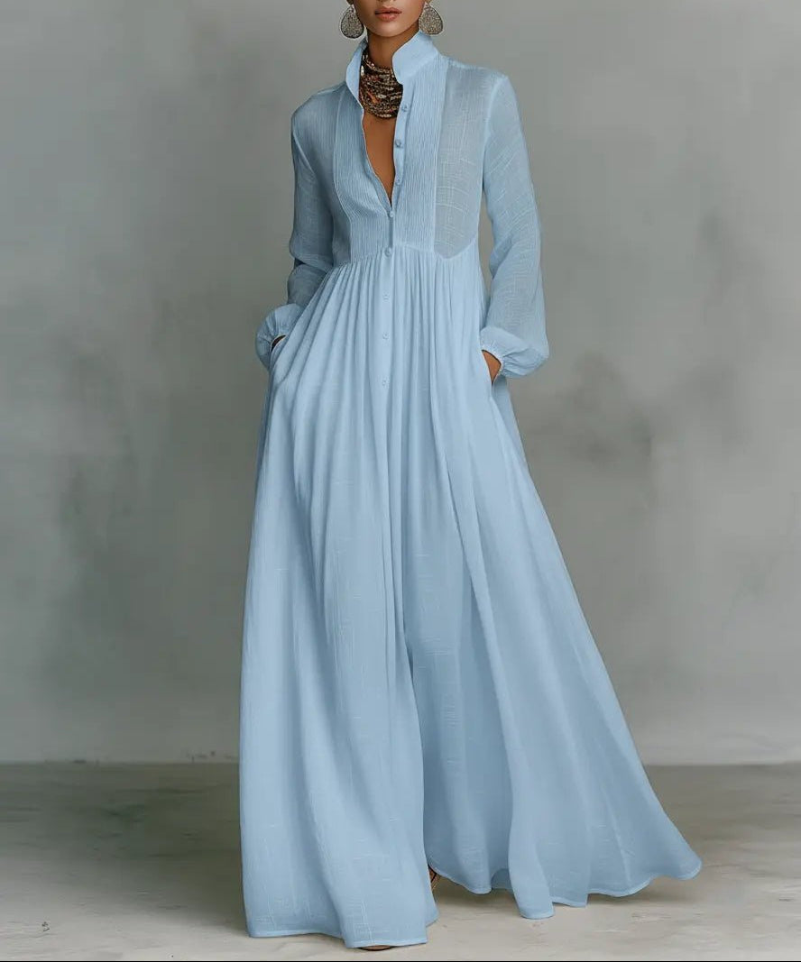 Camilla - Women's Button-Front Linen Dress with Stand Collar