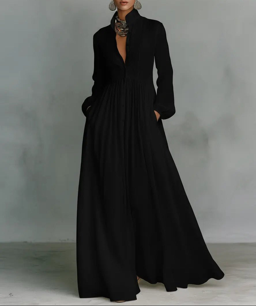 Camilla - Women's Button-Front Linen Dress with Stand Collar