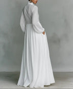 Camilla - Women's Button-Front Linen Dress with Stand Collar