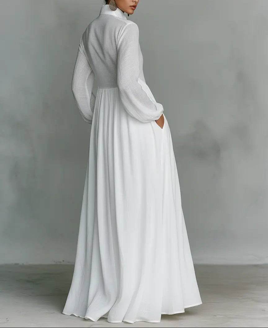 Camilla - Women's Button-Front Linen Dress with Stand Collar