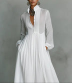 Camilla - Women's Button-Front Linen Dress with Stand Collar