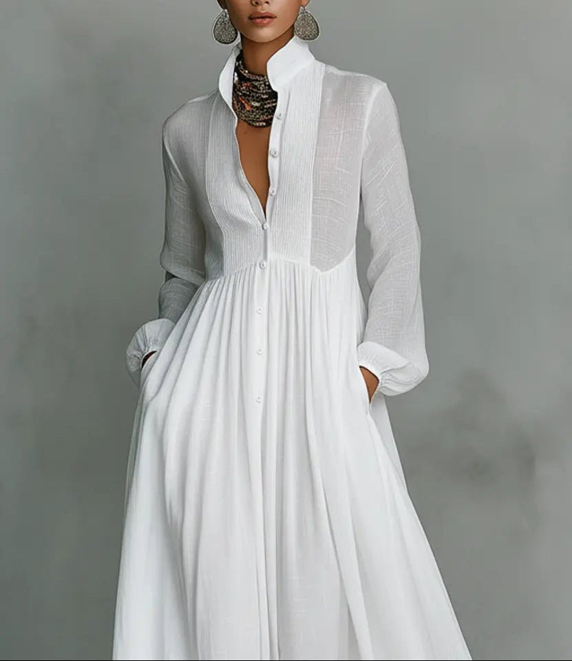Camilla - Women's Button-Front Linen Dress with Stand Collar