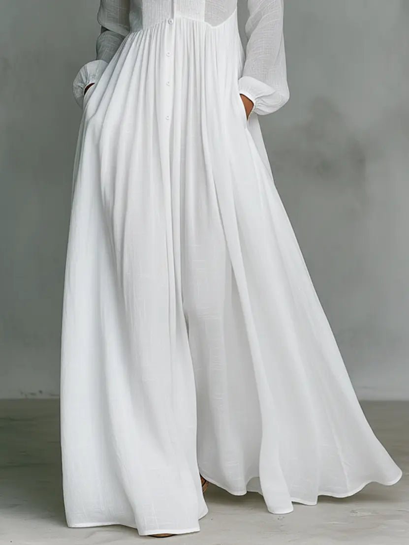 Camilla - Women's Button-Front Linen Dress with Stand Collar