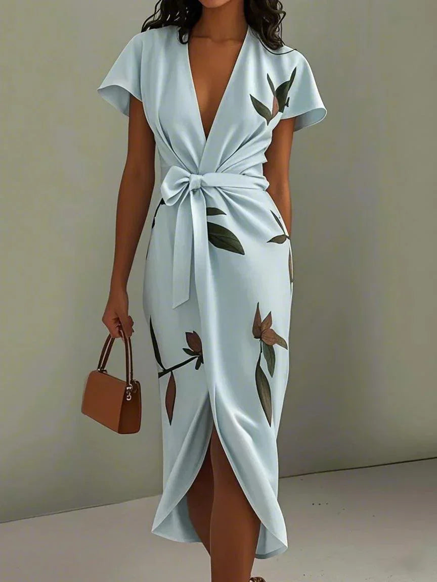 Carla - Women's Leaf-Print Wrap Midi Dress