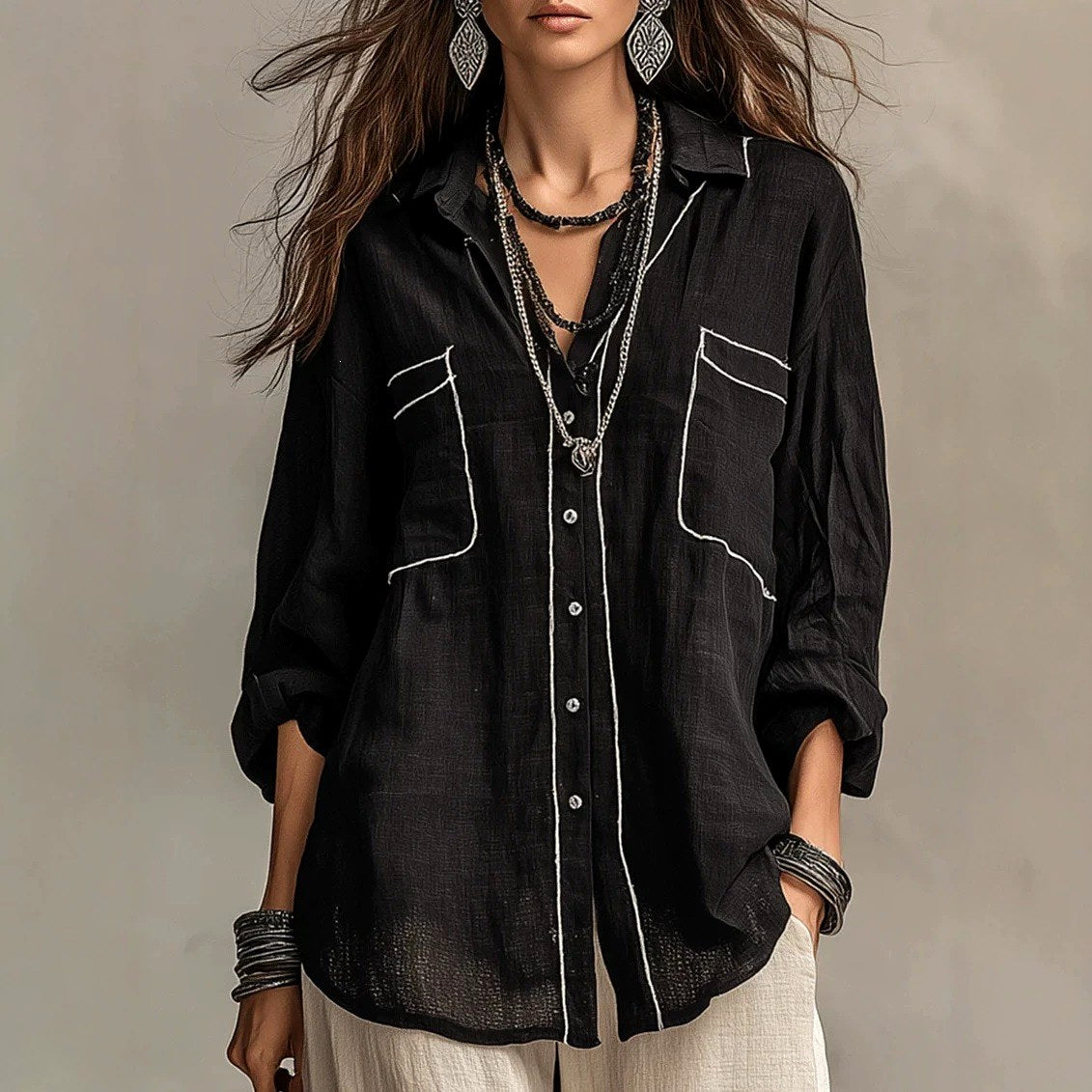 Carmel - Women's Boho Relaxed Long Sleeve Button-Front Shirt 1