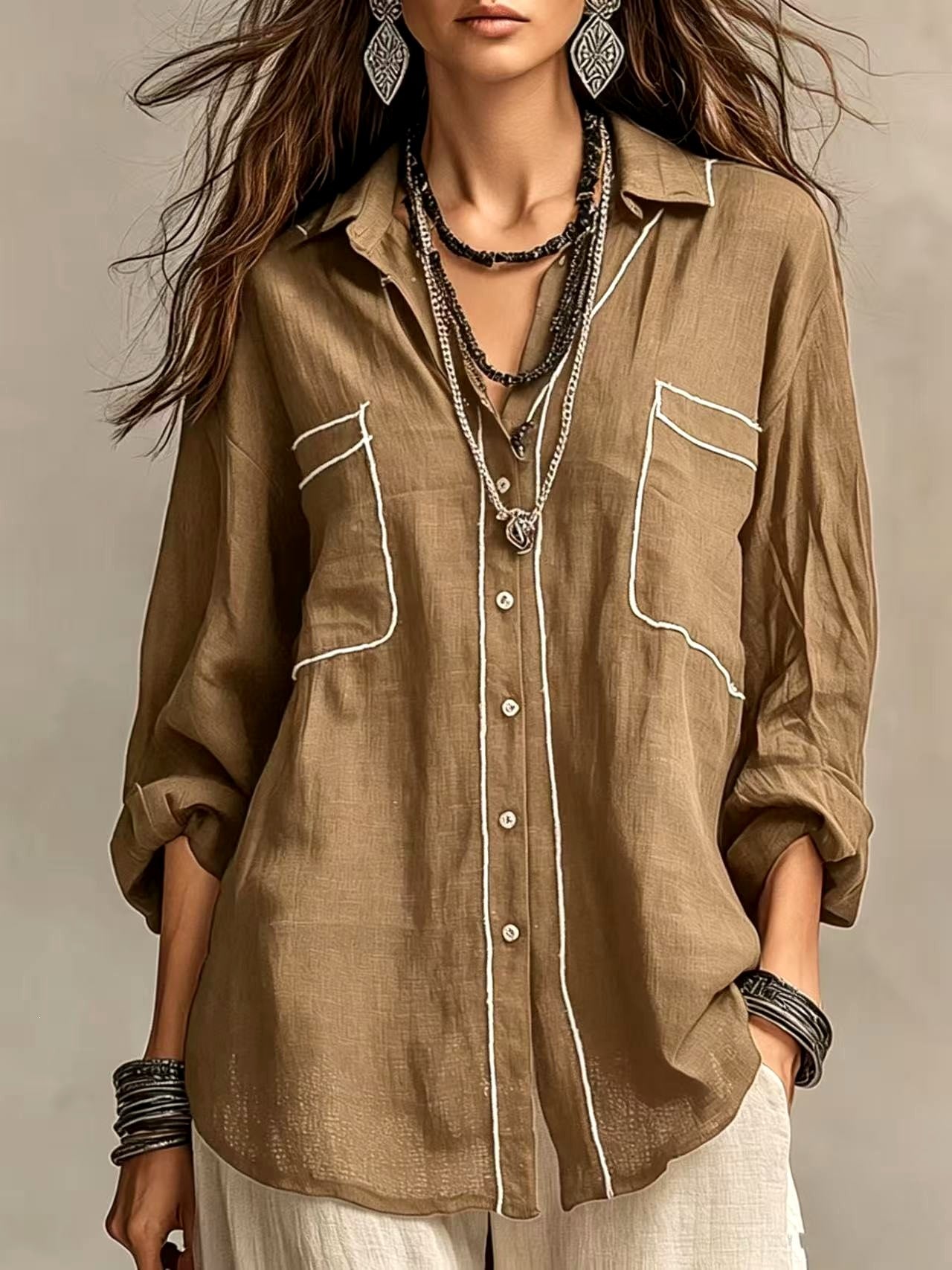 Carmel - Women's Boho Relaxed Long Sleeve Button-Front Shirt 3