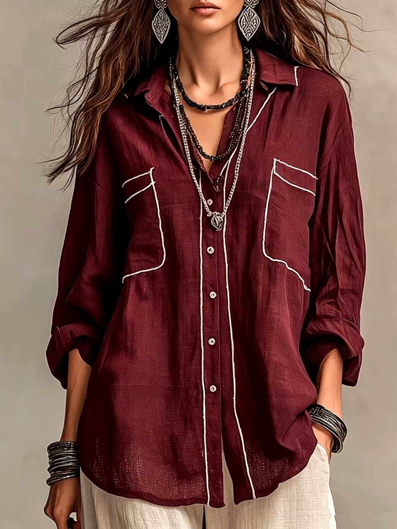Carmel - Women's Boho Relaxed Long Sleeve Button-Front Shirt 4